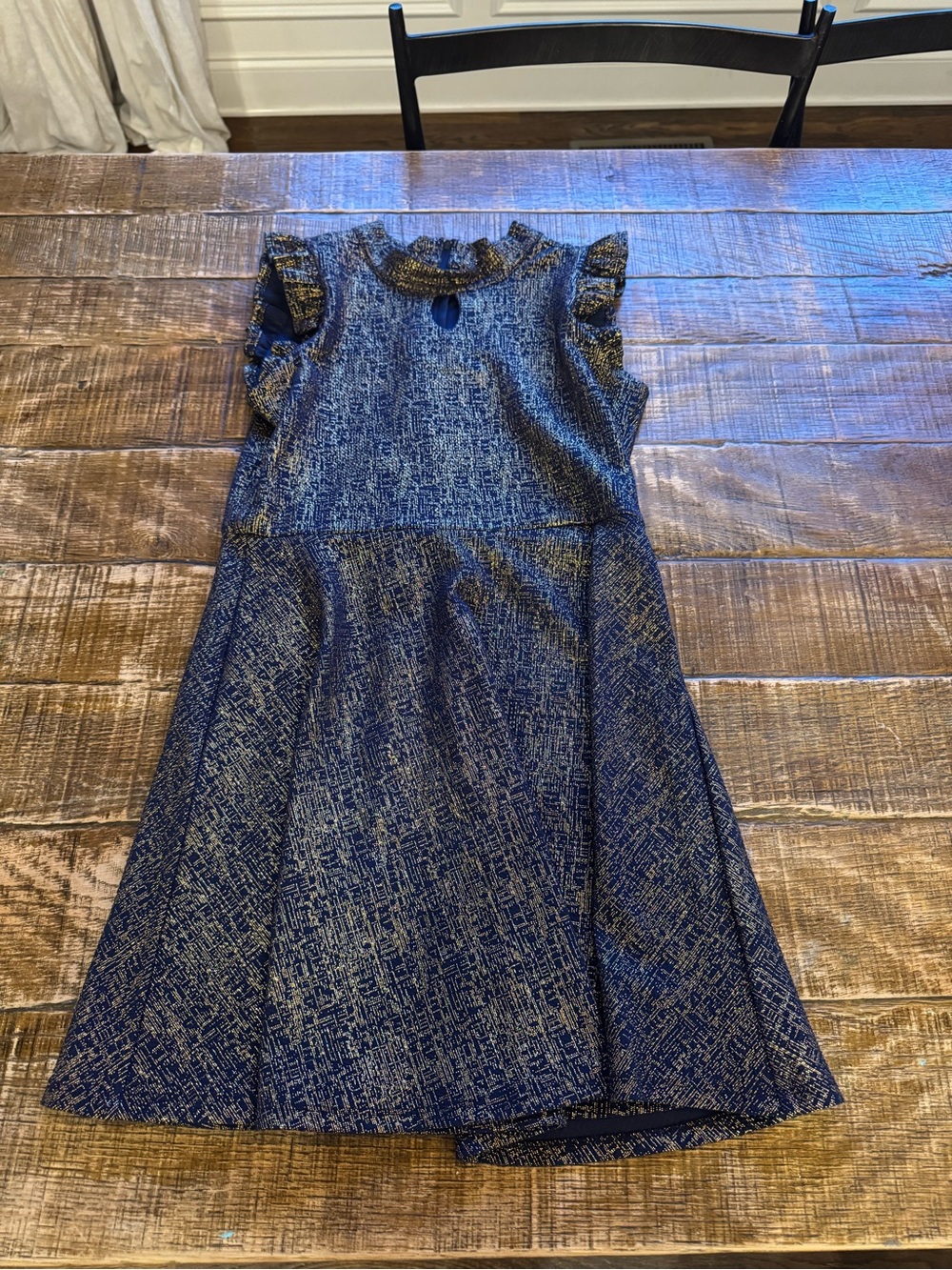 Girls' Navy Textured Fit-and-Flare Dress with Ruffle Shoulders